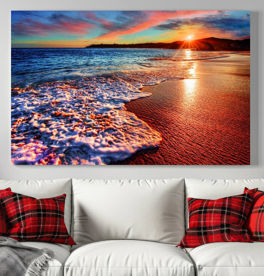 The Colorful Coastal Sunset on the Beach canvas print portrays ocean waves at dusk.