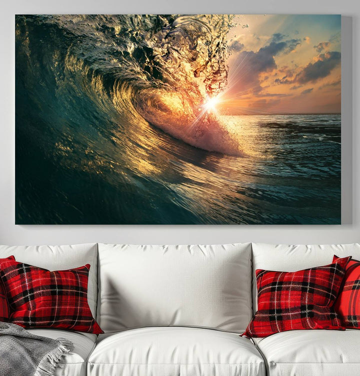 A triptych seascape titled Ocean Wave Sunset Canvas, featuring a stunning ocean view at sunset, is beautifully framed and ready to hang.