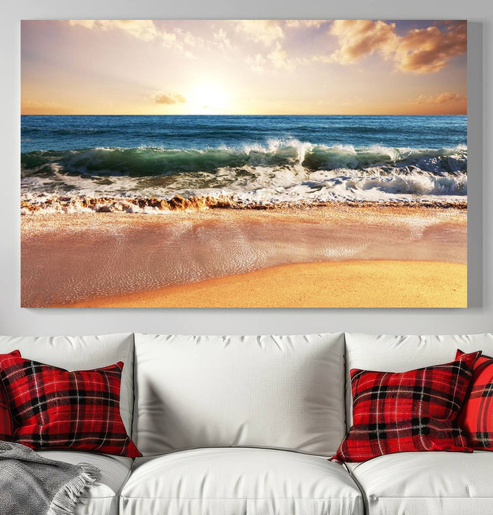 The wall features a Canon-quality Serene Beach Path canvas giclee print, depicting coastal dunes.