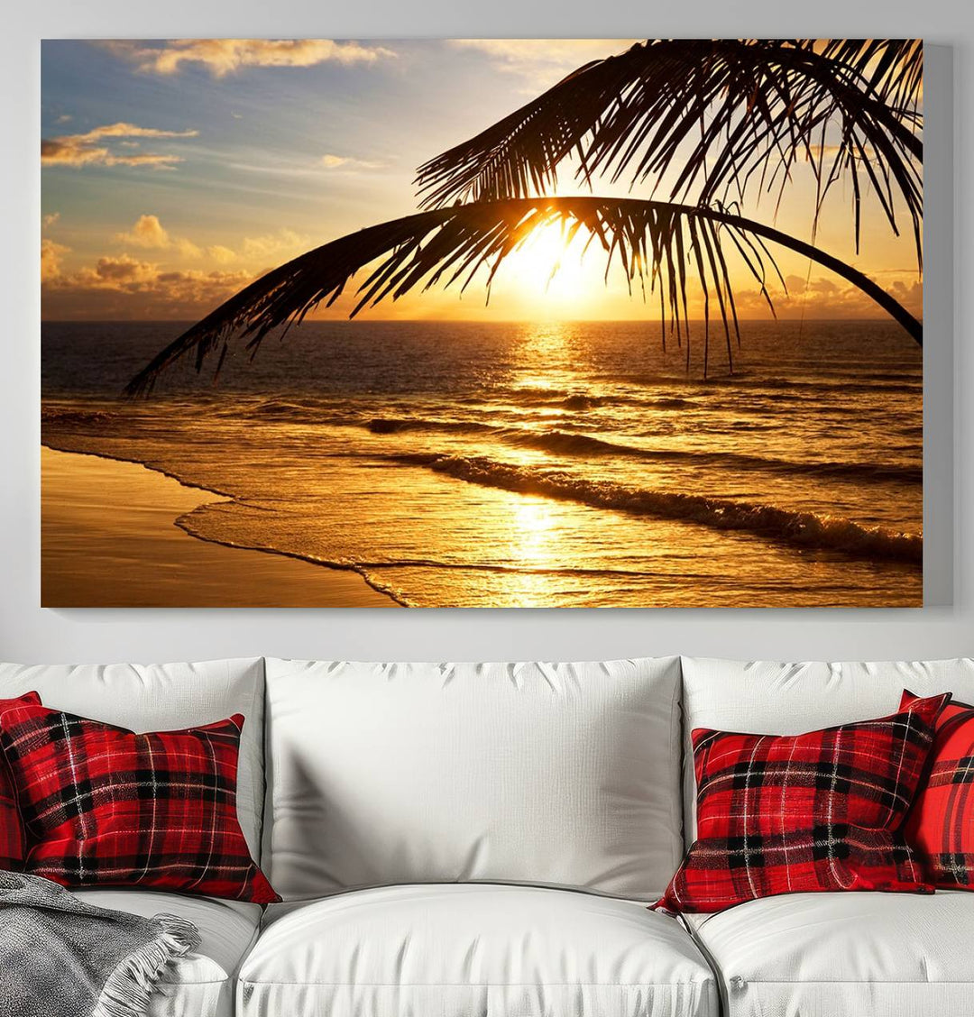 Golden Tropical Beach Sunset Canvas Triptych: Coastal Palm Art & Giclee Print with Gallery Wrap, capturing golden waves.