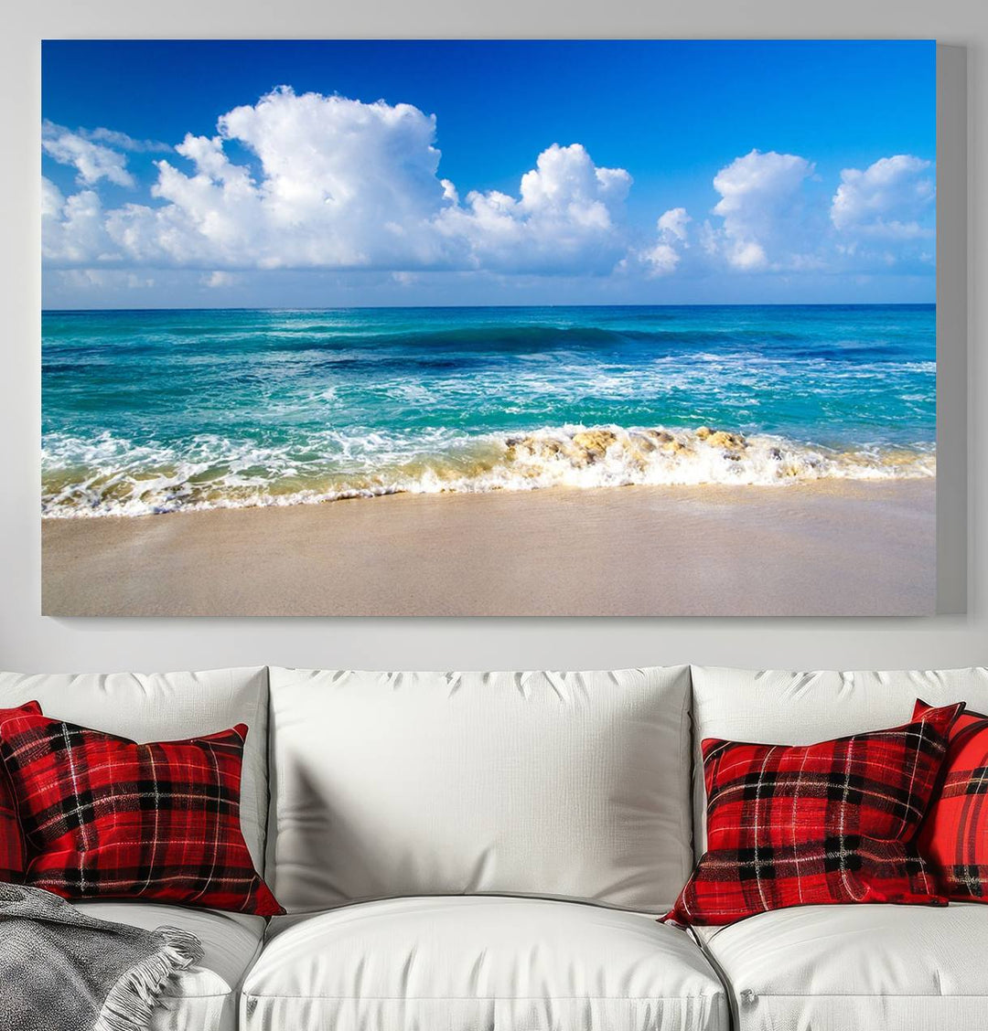 Tropical Beach 3-Panel Canvas Wall Art – Serene Ocean Waves and Blue Sky – Giclée Print for Living Room, Office, or Bedroom Coastal Decor