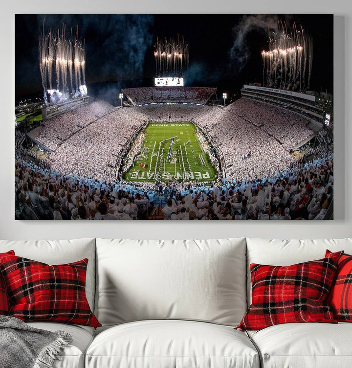 The perfect Penn State Football canvas wall art features a depiction of Beaver Stadium filled with fans in white, with fireworks exploding above.