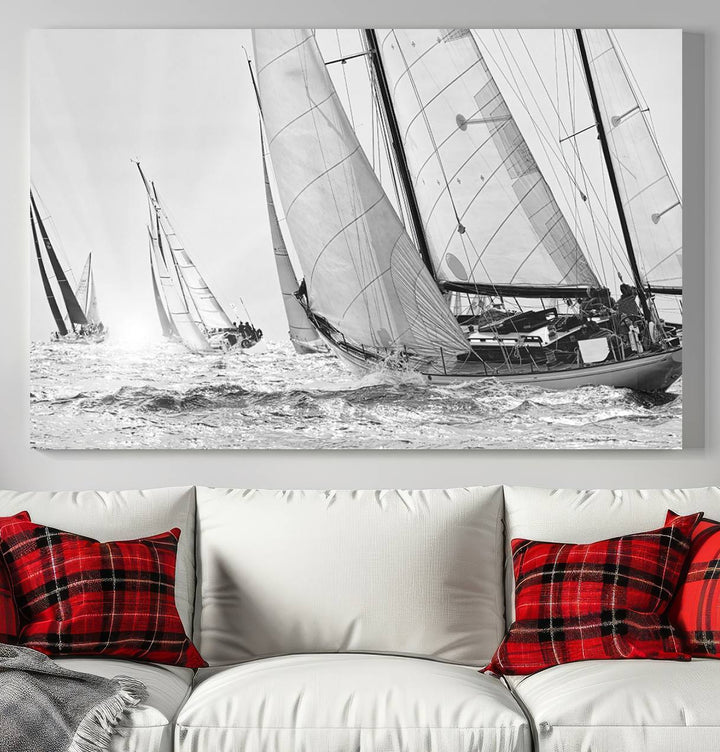 Yacht Sailboat Regatta canvas print on a textured wooden wall.