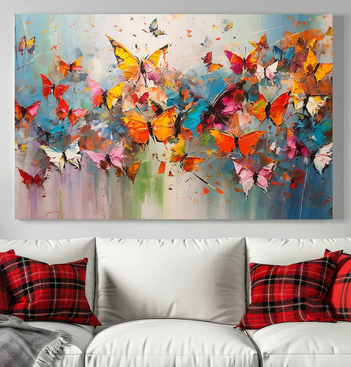 The Abstract Butterfly Wall Art Canvas Print hangs prominently, adding a touch of elegance and creativity to the room.