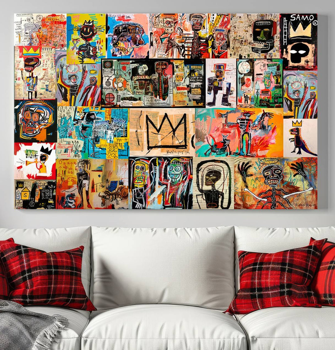 A Basquiat graffiti-style collage adorns the wall.