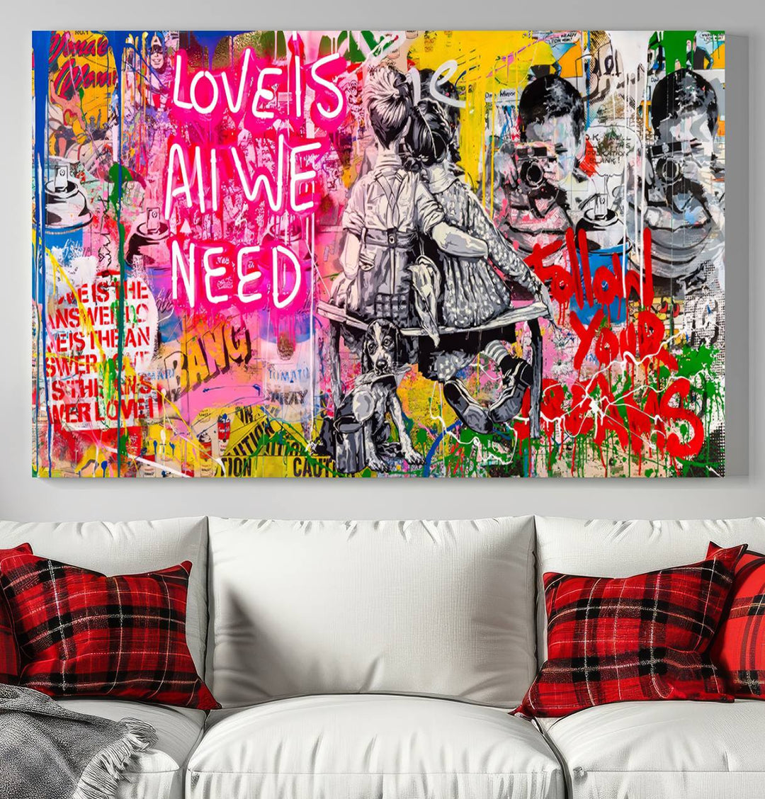 A vibrant and dynamic triptych features distorted horizontal lines, resembling graffiti street art. This artwork conveys the themes of "Follow Your Dreams" and "Love is All We Need" across three colorful panels.