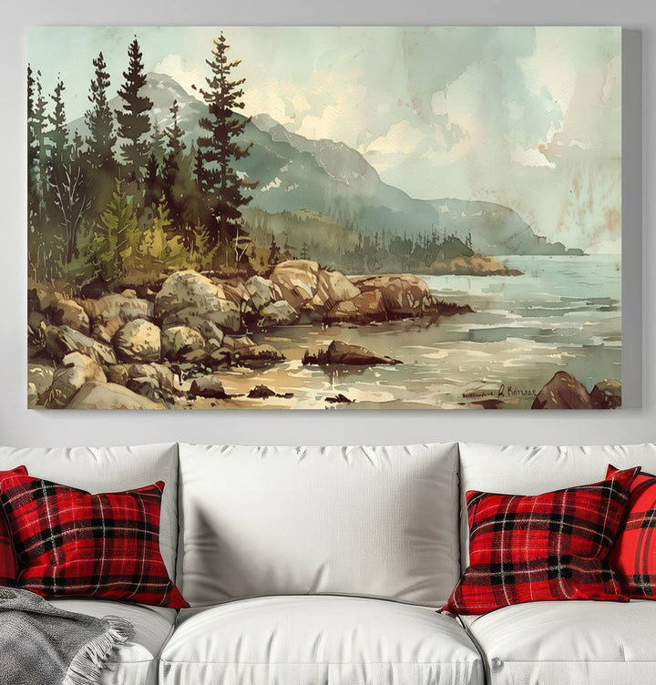 Framed Abstract Acadia National Park wall art, depicting a rocky coastline with trees and mountains, ready to hang.