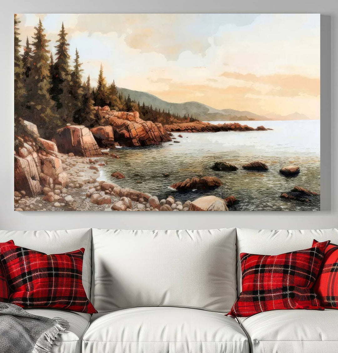 The Serene Coastal View of Acadia National Park 3-panel canvas, framed and ready to hang, adorns the wall.