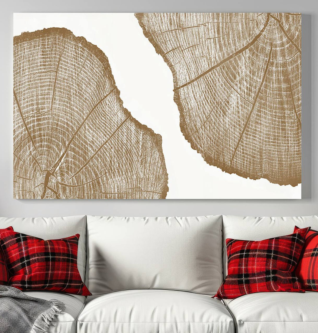 The rustic wall art features two large tree rings, beautifully framed and displayed to create a nature-inspired décor.