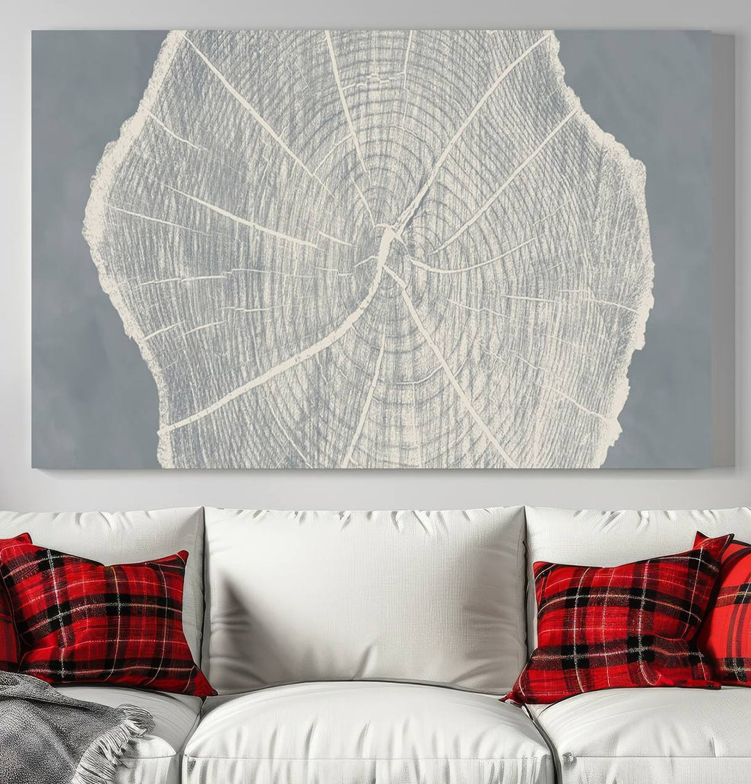 A gray wall displays the Abstract Tree Ring Wall Art print.