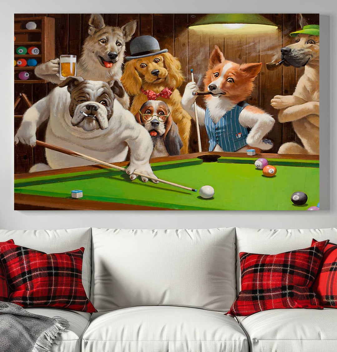 Dogs Playing Pool Canvas Wall Art: This artwork depicts a room where dogs are engaged in a game of pool. One dog is poised to cue while others observe the scene.