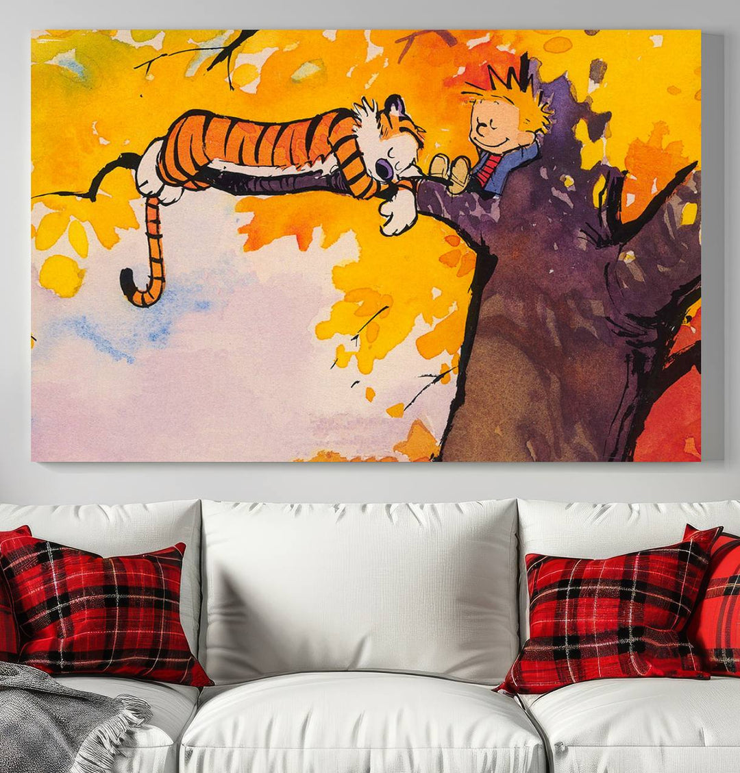 Premium canvas Calvin Wall Arts featuring a boy and tiger relaxing on a branch.