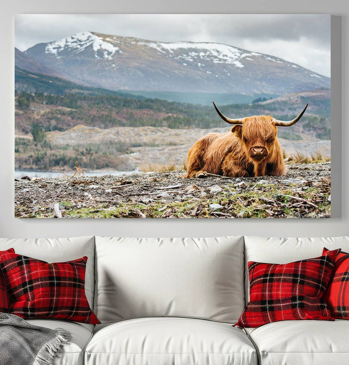 Highland Cow Horn Farm Wall Art Canvas Print is displayed against a wooden wall featuring a mountainous backdrop.