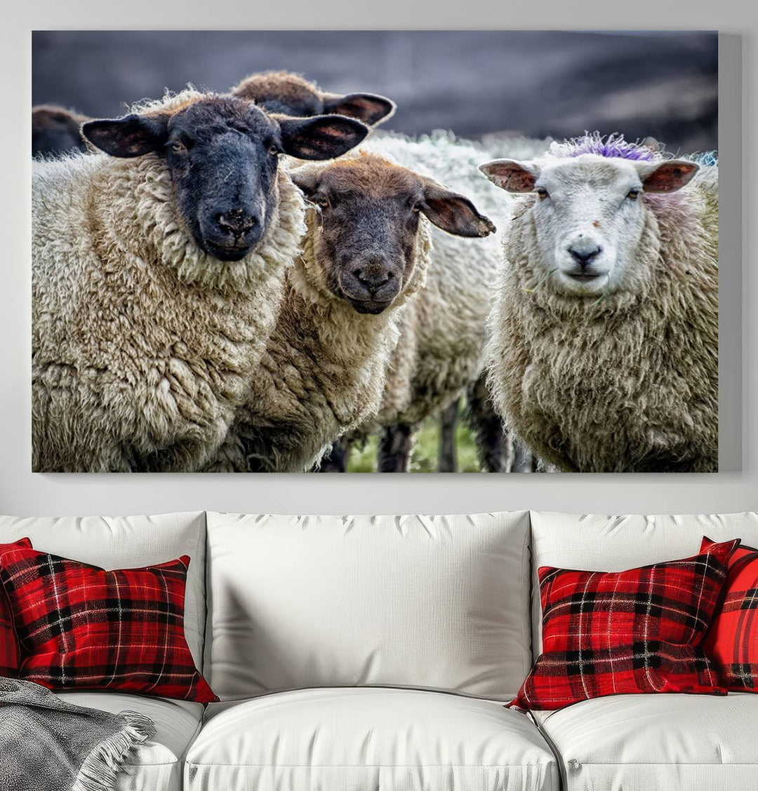 The Charming Sheep Portrait Wall Art hangs on a wooden wall.