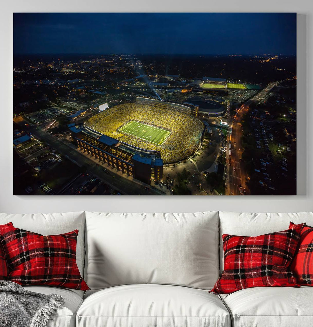 Aerial view of Michigan Stadium nightlife on canvas – Framed, ready-to-hang sports arena wall art.