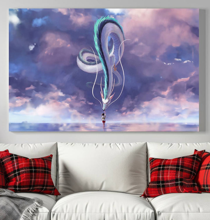 The Spirited Away Haku and Chihiro poster captures a cherished scene for anime lovers under a colorful, cloudy sky.