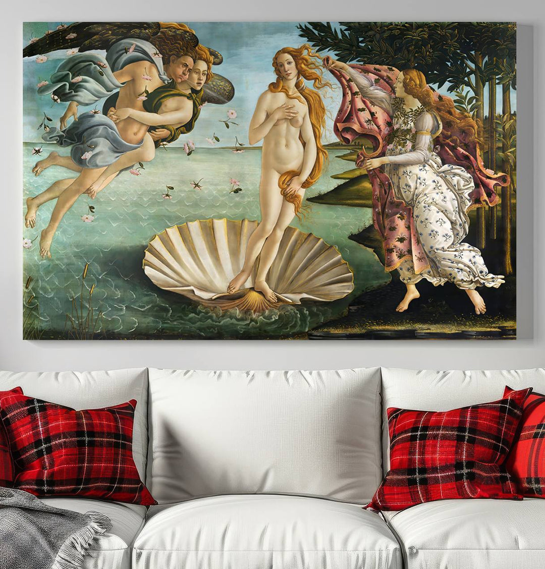 A canvas print of Botticellis The Birth of Venus is displayed on the wall.