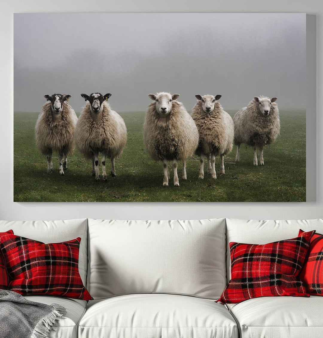 The Flock of Sheep in a Mystical Fog canvas print is framed and ready to hang.