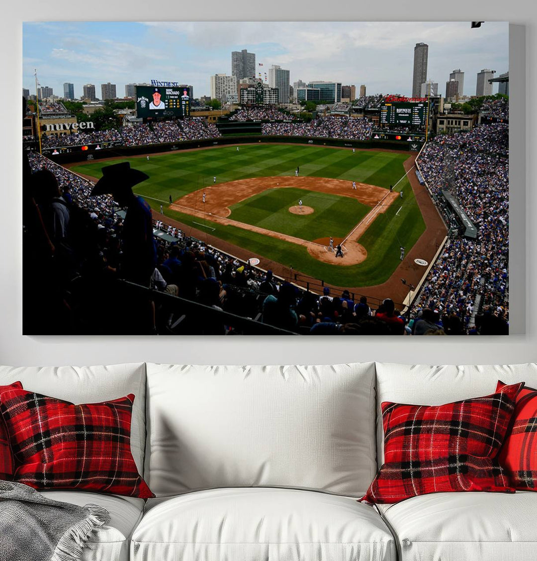 Admire this museum-quality canvas print of a Chicago Cubs game with a cityscape view from the stands at Wrigley Field.