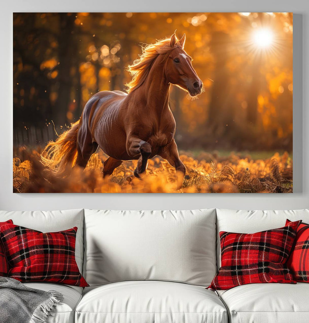 The Running Horse Sunset Forest Wall Art Canvas Print showcases a gallop in an autumn forest with sunlight streaming through the trees.