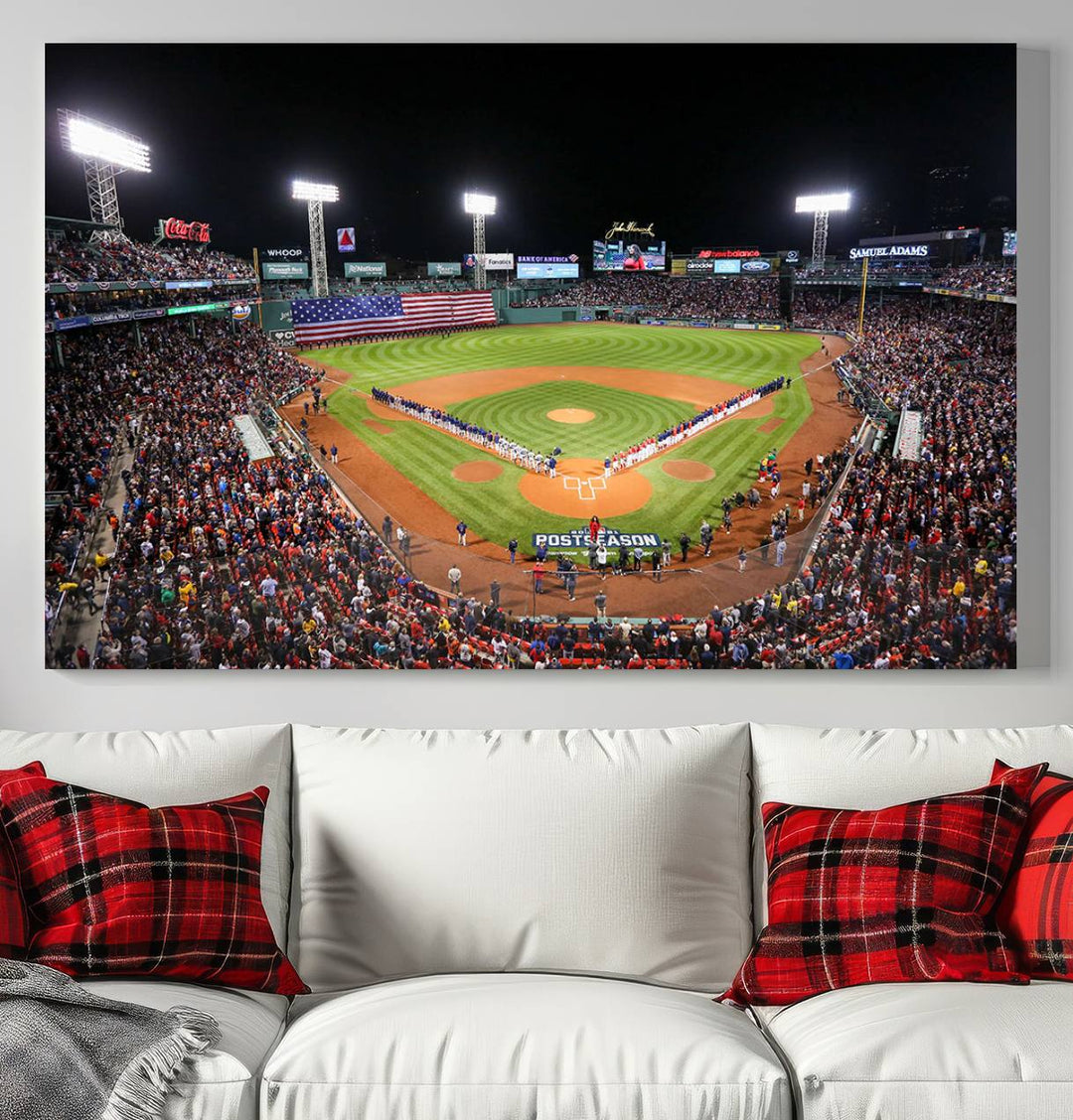 The Fenway Park Wall Art Canvas Print showcases a stunning aerial view of Bostons iconic ballpark at night, making it an ideal piece for any Red Sox enthusiast.