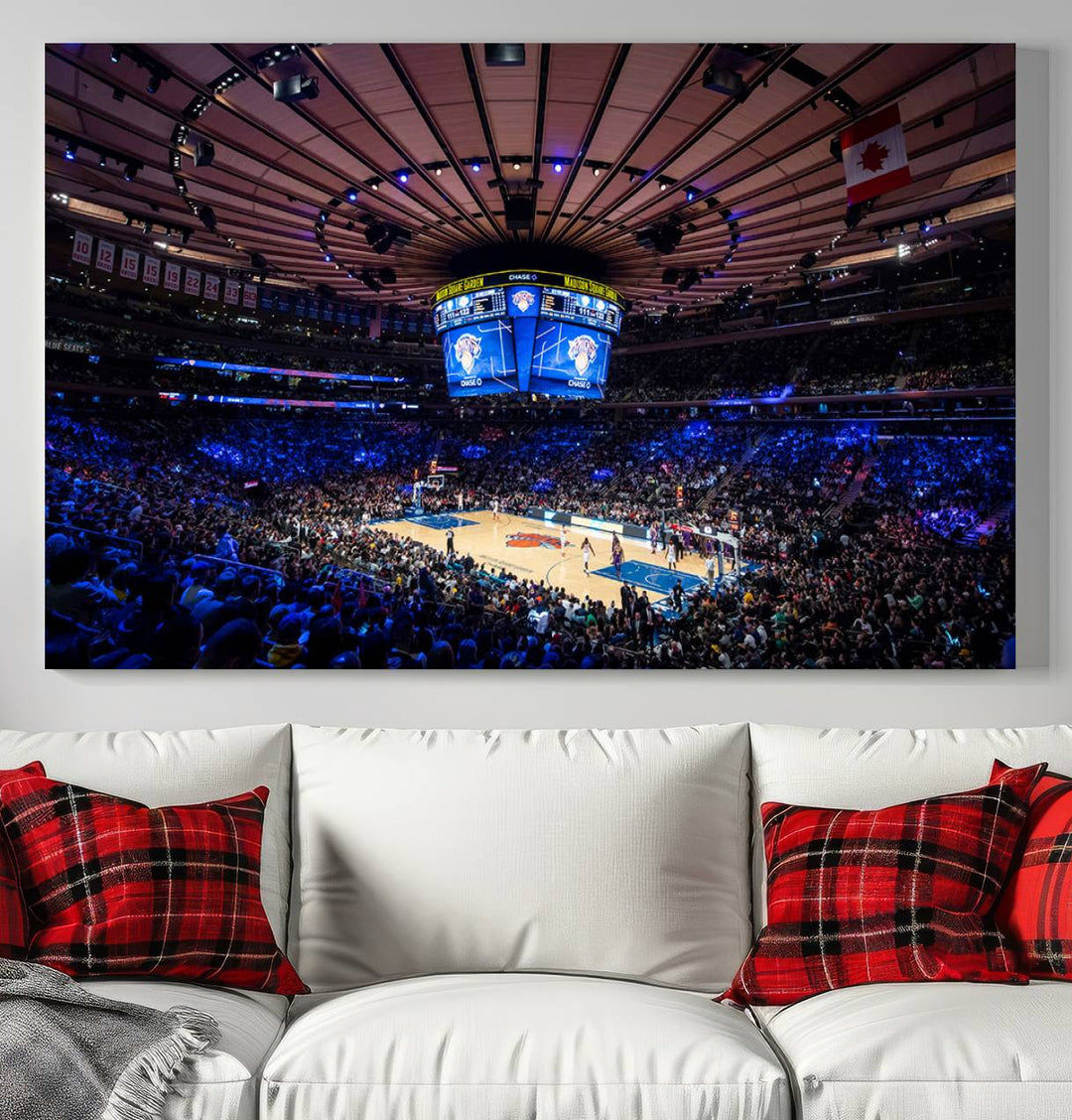 A print depicting an NBA game at Madison Square Garden, highlighting the scoreboard.