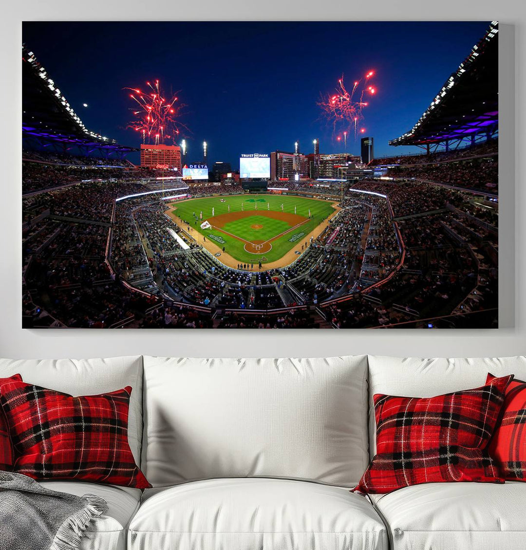 Truist Park wall art: fireworks over a Braves crowd, a large 3-panel canvas, framed and ready-to-hang.