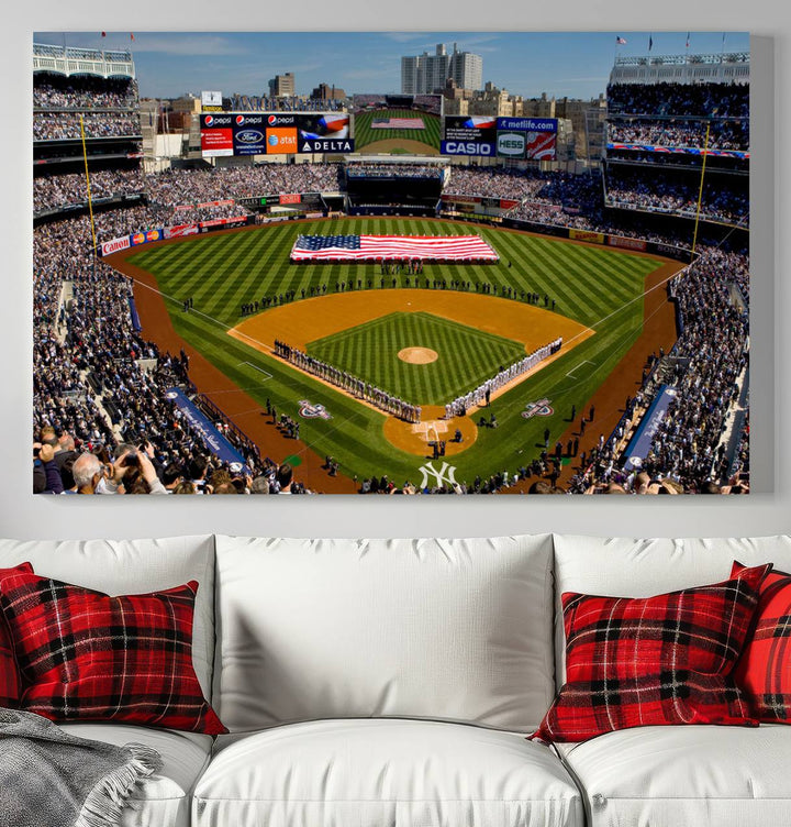 The Yankee Stadium New York wall art print features a vibrant scene of baseball fans with a large flag and players, expertly capturing the spirit of the game. This ready-to-hang décor is perfect for adding a dynamic touch to any space.