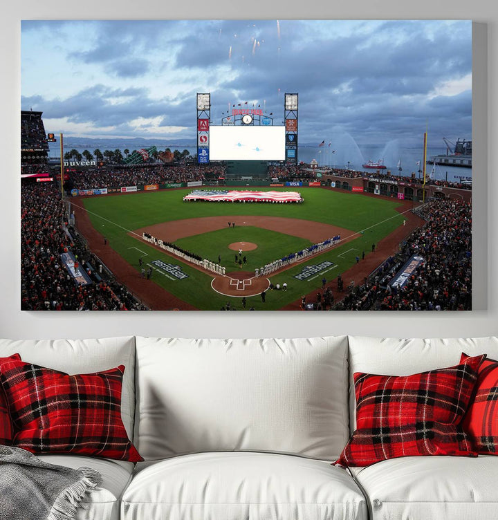 This framed 3-panel canvas MLB wall art features a giant flag and fans under a cloudy sky at Oracle Park.