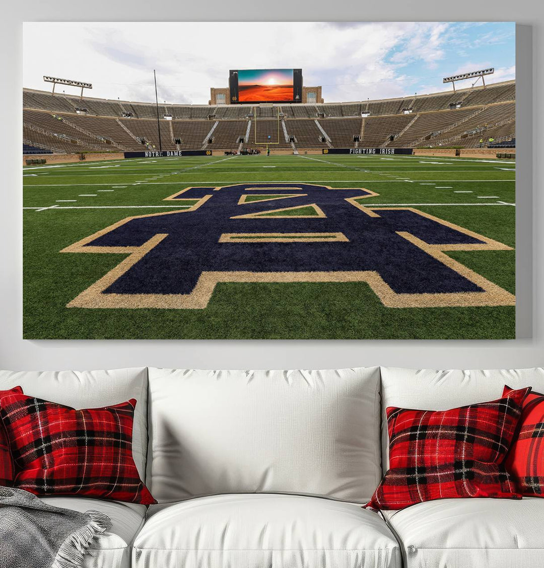 Notre Dame Stadium Triptych: This ready-to-hang giclee canvas print features a vibrant depiction of the football field adorned with an A logo and a stunning sunset.