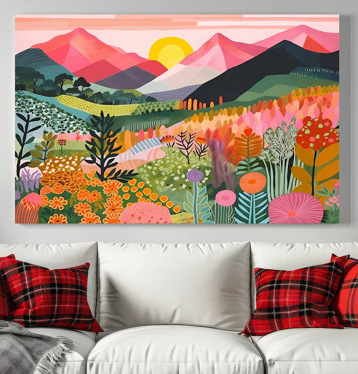 Vibrant abstract landscape canvas: Yayoi Kusama 1986 wall art print featuring mountains, sun, and flowers. Ready-to-hang.