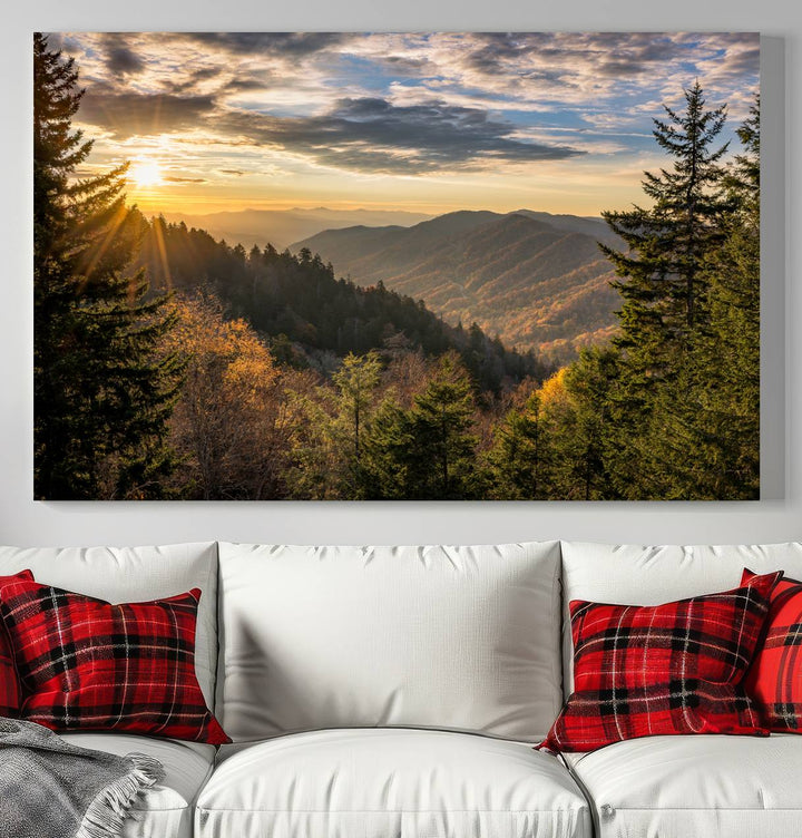 The dining area is beautifully decorated with the Sunrise Over the Smoky Mountains Canvas Wall Art – a breathtaking scenic landscape photography in a stunning triptych that's ready to hang.