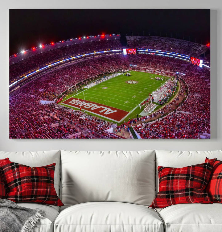 A stunning triptych canvas wall art of the Bryant-Denny Stadium Night Game perfectly captures the energy and excitement of an Alabama Crimson Tide football match at night.