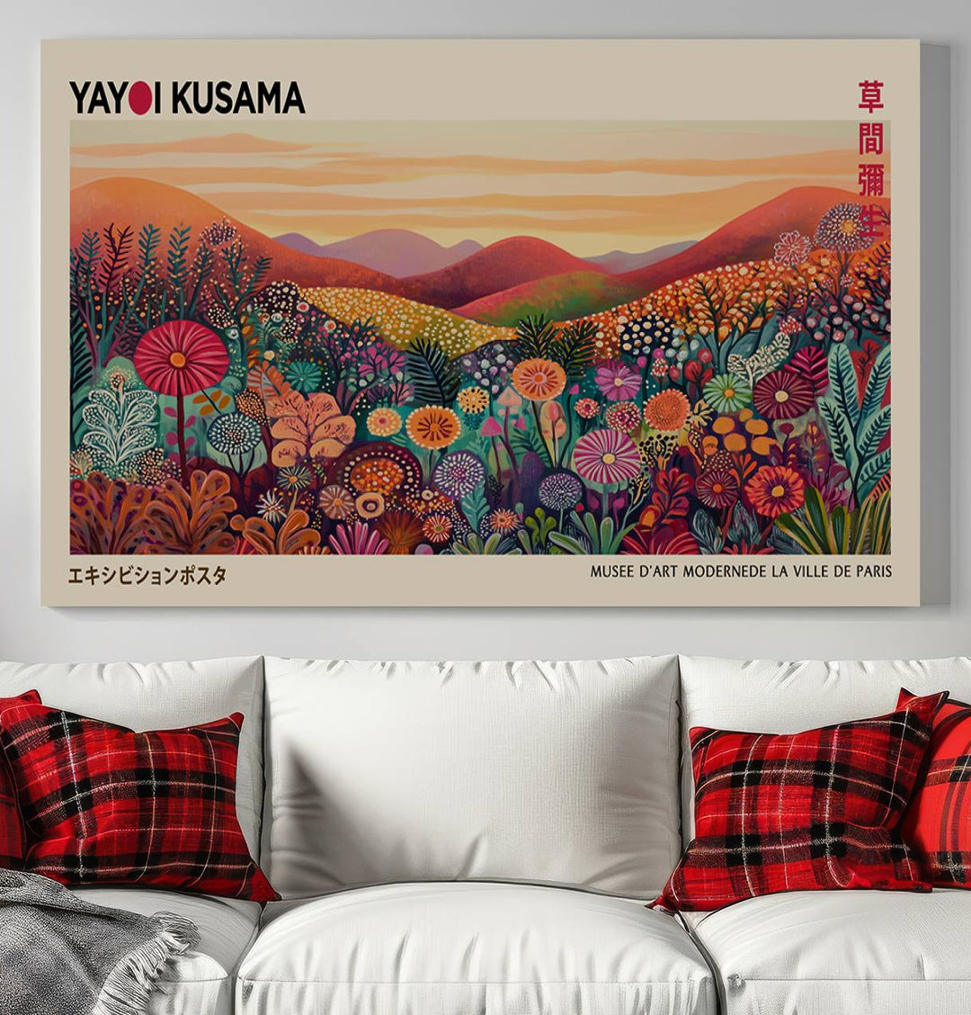 A framed Yayoi Kusama abstract landscape art print adorns the wall.