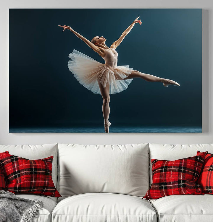 This stunning Ballerina Canvas Wall Art Print captures the elegance of a ballet dancer in motion, beautifully highlighted against a stage-like backdrop with delicate decor and natural elements. As graceful dance-inspired wall decor, it adds an element of grace and movement to any living room, office, or bedroom and is ready to hang.