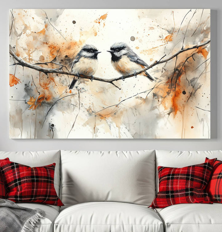 Abstract Watercolor Chickadee Bird Canvas Wall Art Print - Large Bird and Branch Wall Art, Modern Wildlife Wall Decor