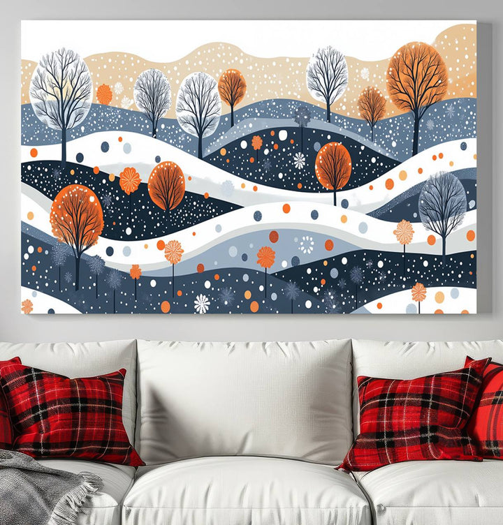 The "Abstract Winter Landscape Canvas Wall Art Print," featuring a triptych of landscapes with trees and hills in vibrant orange, white, and blue hues, adds a gallery-quality finish that transforms the space into an art lover's dream.