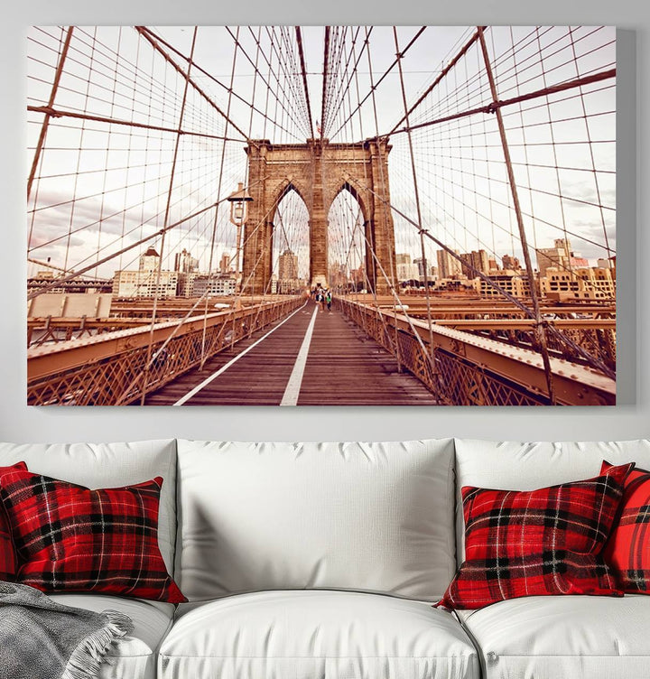 The three-panel "Wall Art New York Manhattan Cityscape Canvas Print" of the Brooklyn Bridge makes an ideal addition to minimalist interiors, capturing the essence of abstract expressionism.