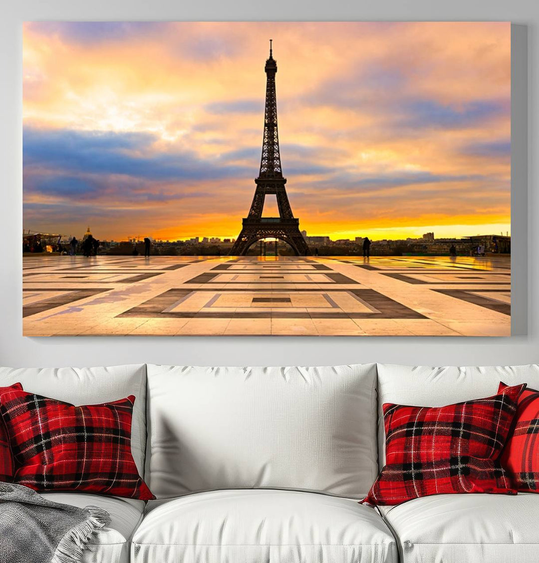 The "Paris Eiffel Tower Wall Art Canvas Prints" graces a wooden wall reminiscent of abstract expressionism.