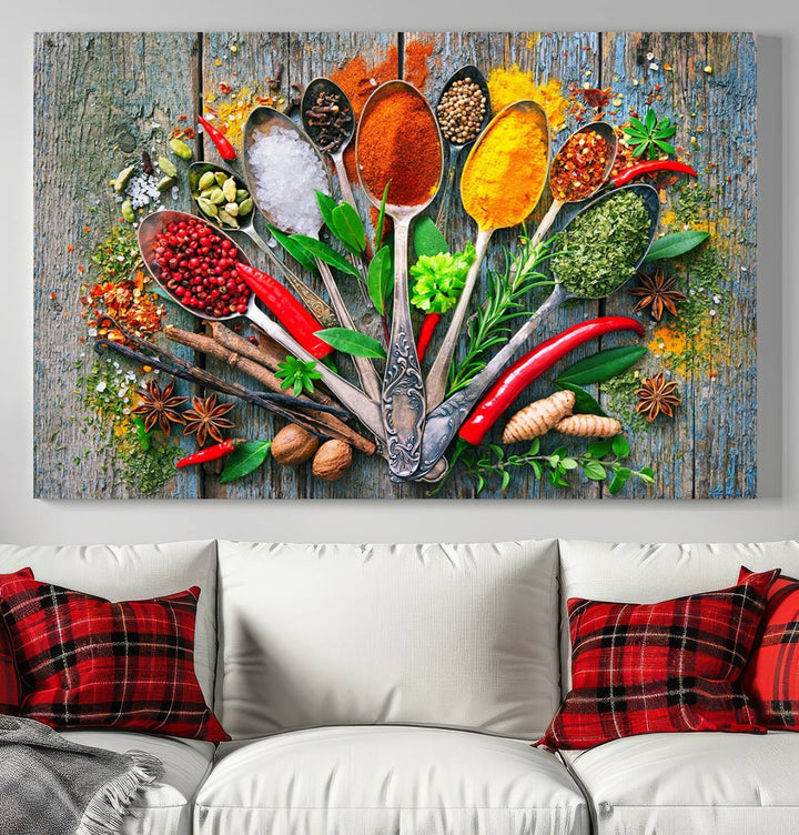 Vibrant Spoonful of Spices kitchen wall art canvas, a culinary triptych ideal for any dining room decor.