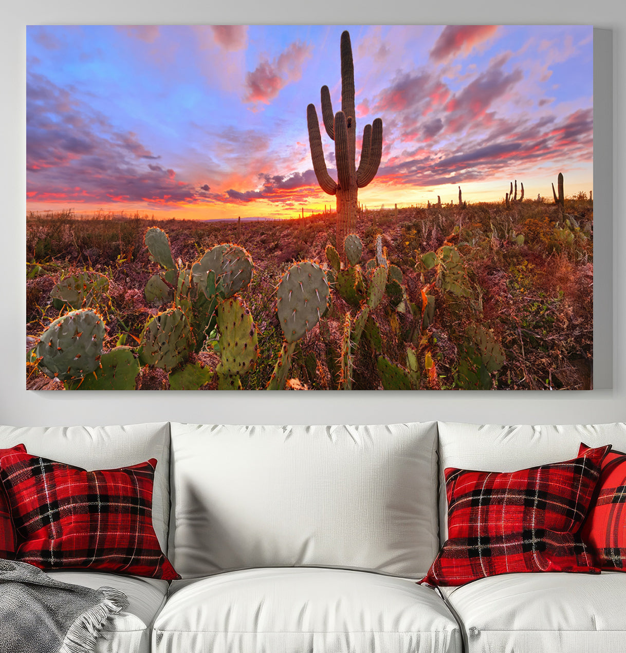 The Arizona Desert Sunset Wall Art Canvas Print hangs prominently.