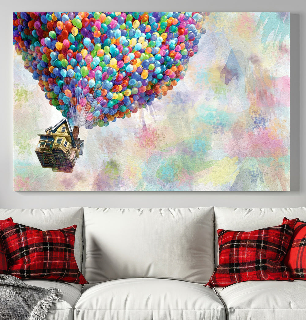 The Up Pixar Poster is a dreamy wall art depicting a house lifted by balloons.