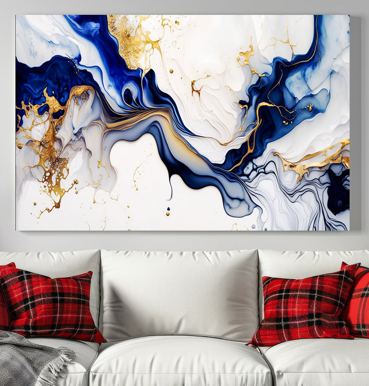 Golden Cascades on Midnight Blue wall art swirls above, featuring gold and white accents.