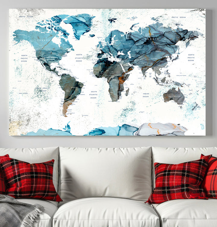 Push Pin World Map Wall Art Canvas Print adds a touch of elegance to the home decor.