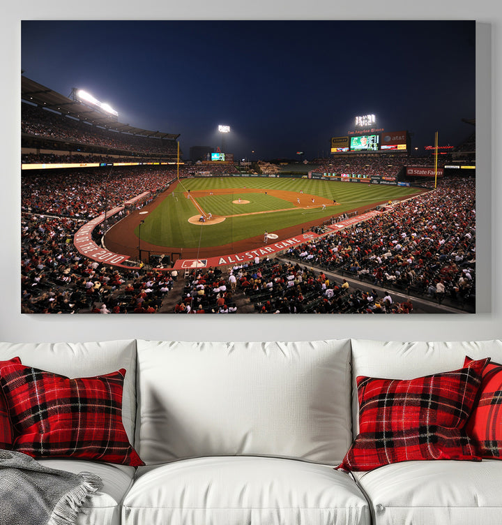 Aerial view of an LA Angels game at night, captured as stunning wall art on premium canvas, handmade in the USA.