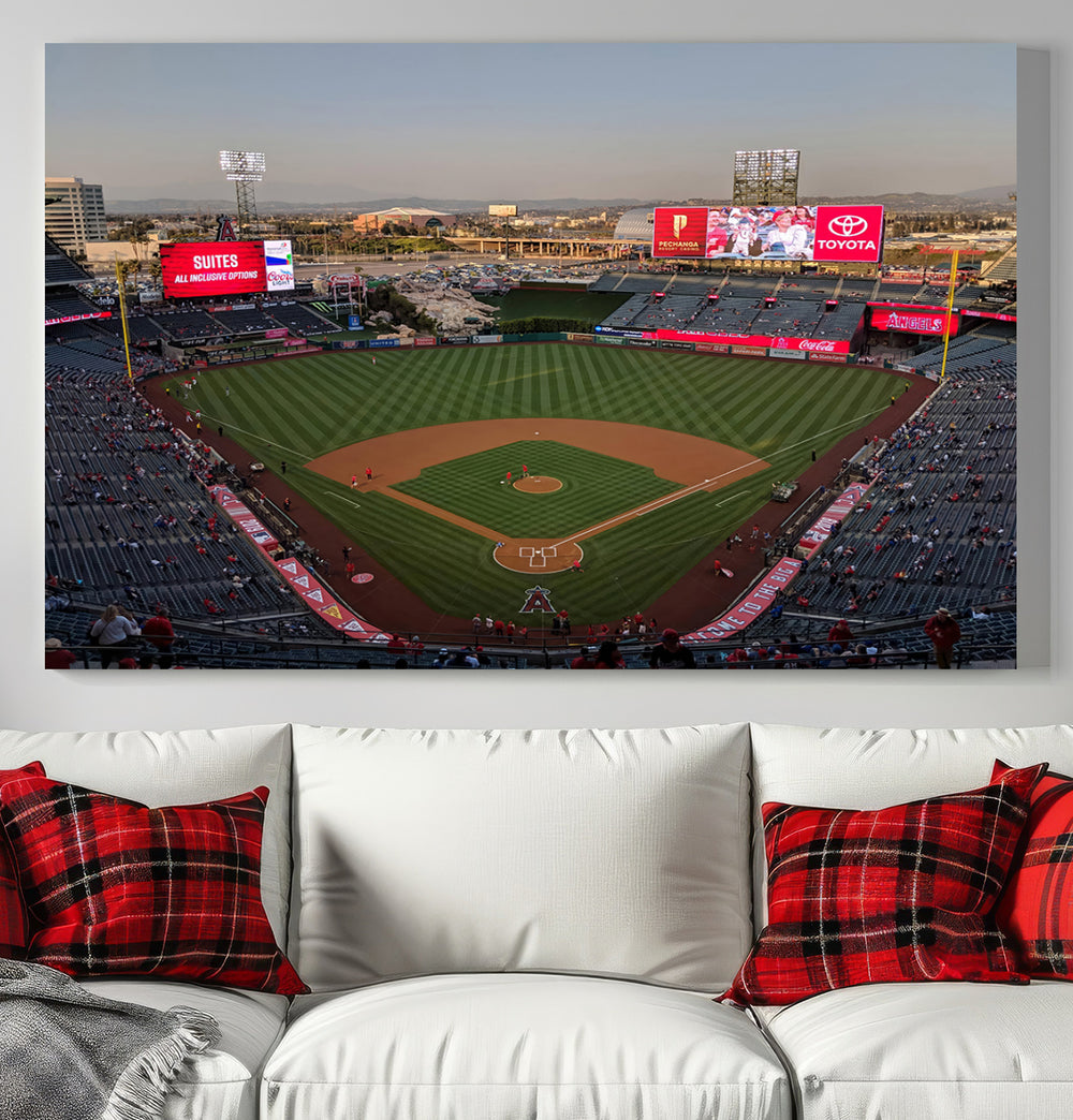 Aerial view of Angel Stadium, perfect as gallery-quality wall art - Los Angeles Angels Canvas Print.