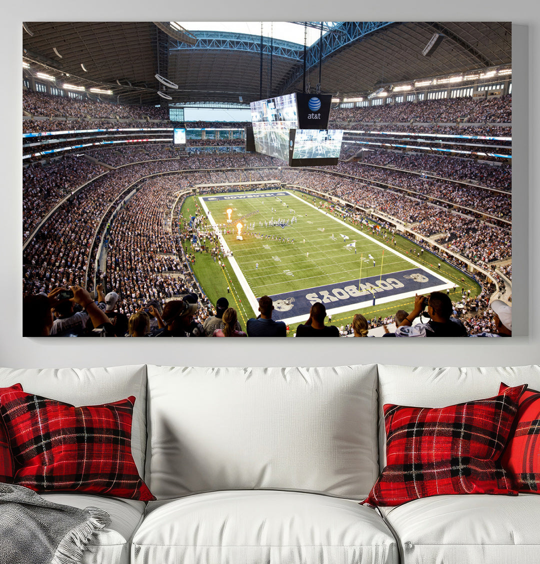 The wall art is a Dallas Cowboys AT&T Stadium Canvas Print, showcasing the iconic logo.