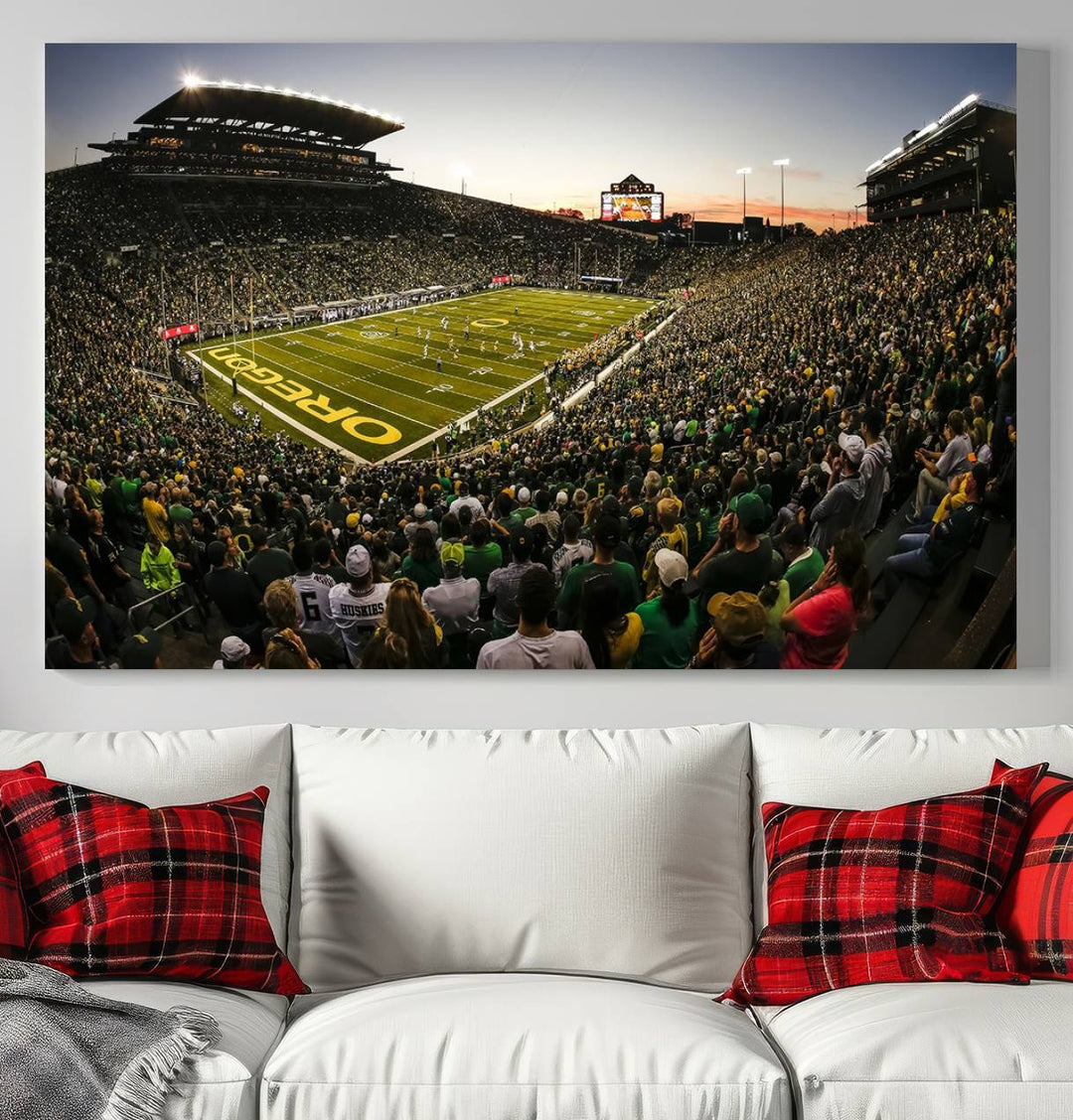 Autzen Stadium Evening Game Triple Canvas Wall Art - Oregon Ducks Football Match