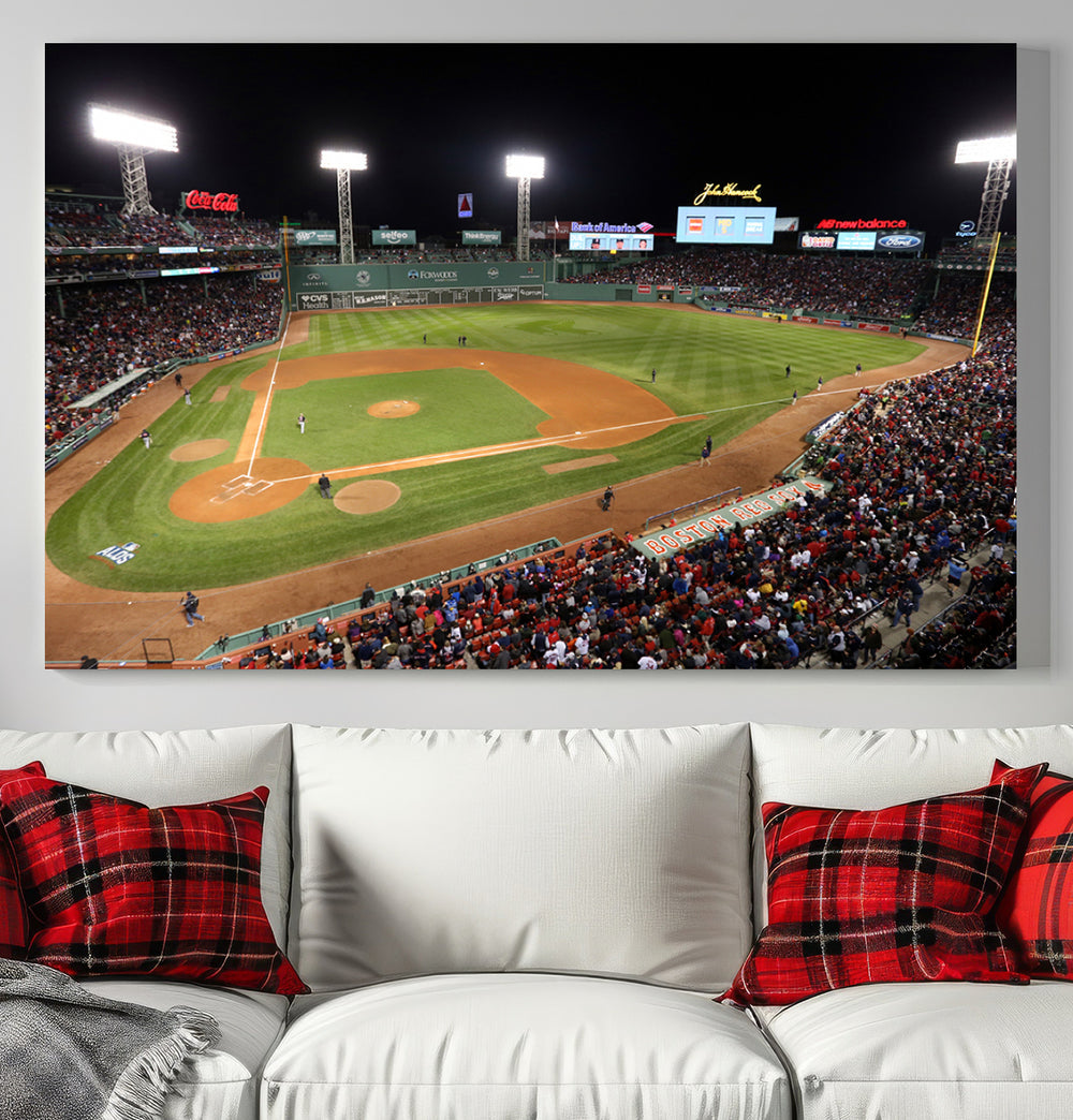 A wall art depiction of a Fenway Park baseball game, packed with fans and seen from above. The painting features the turf, lights, and billboards detailed in Boston Red Sox print.