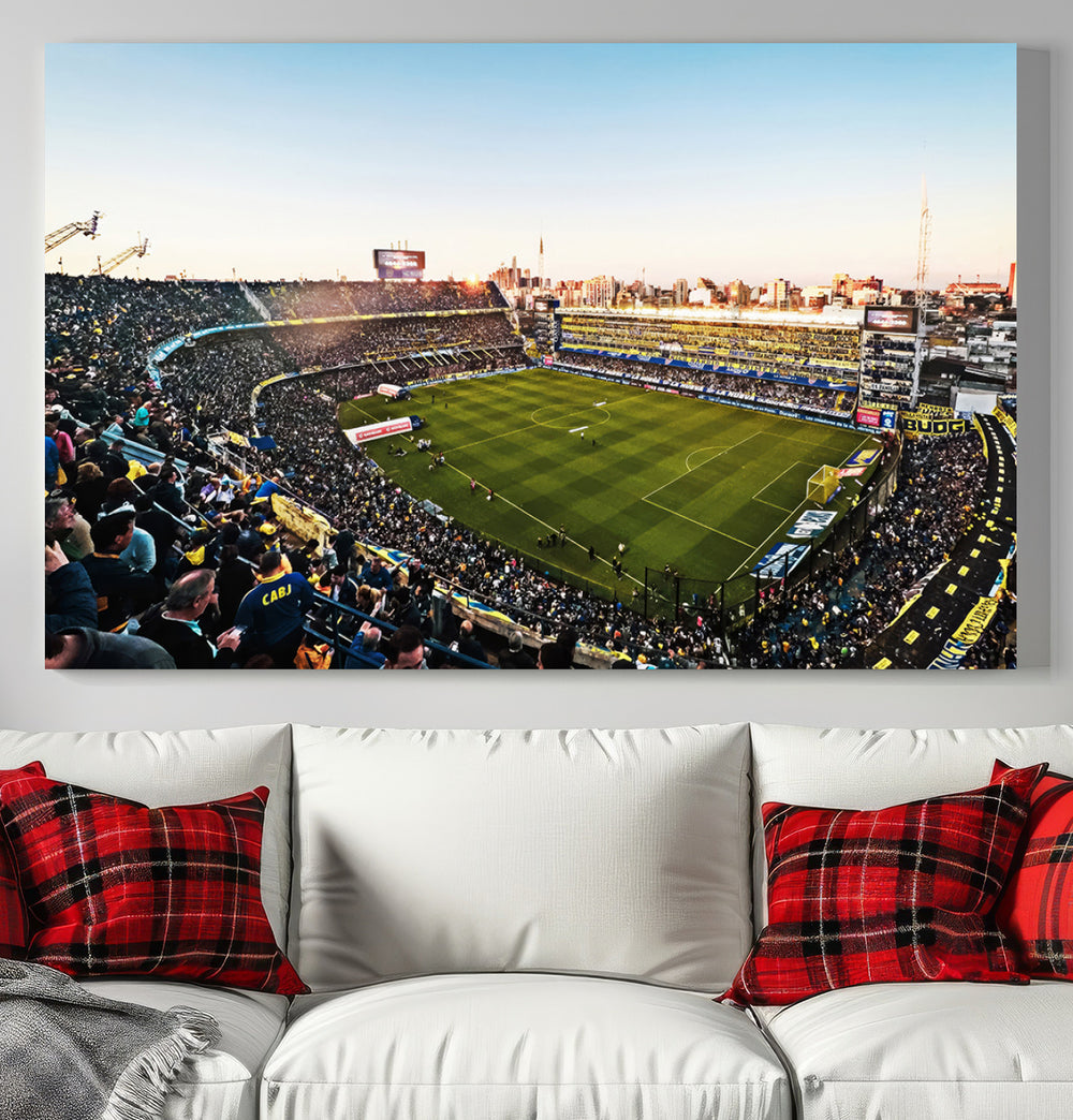 The wall art canvas print vividly captures the dynamic soccer culture at Bombonera Stadium with its vibrant depiction.